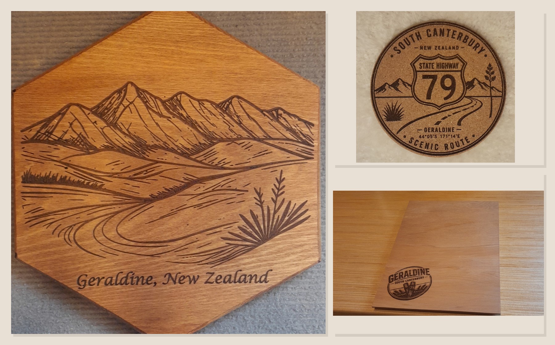 Montage of Geraldine-themed laser-engraved products featuring Four Peaks, State Highway 79 and Geraldine’s rural character