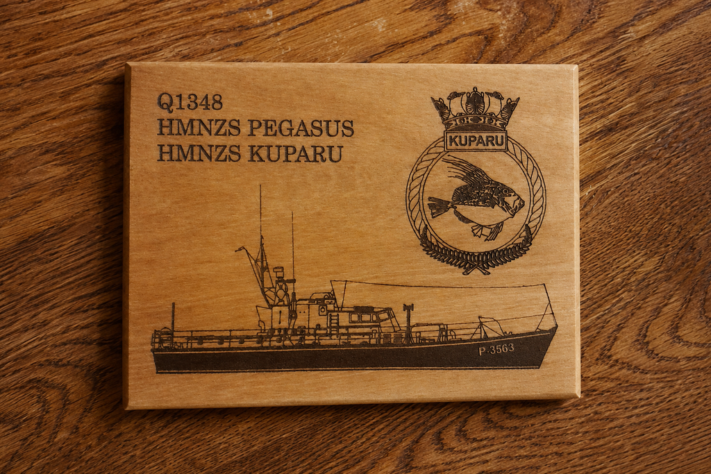 HMNZS Kuparu presentation plaque finely laser engraved on reclaimed Christchurch rimu