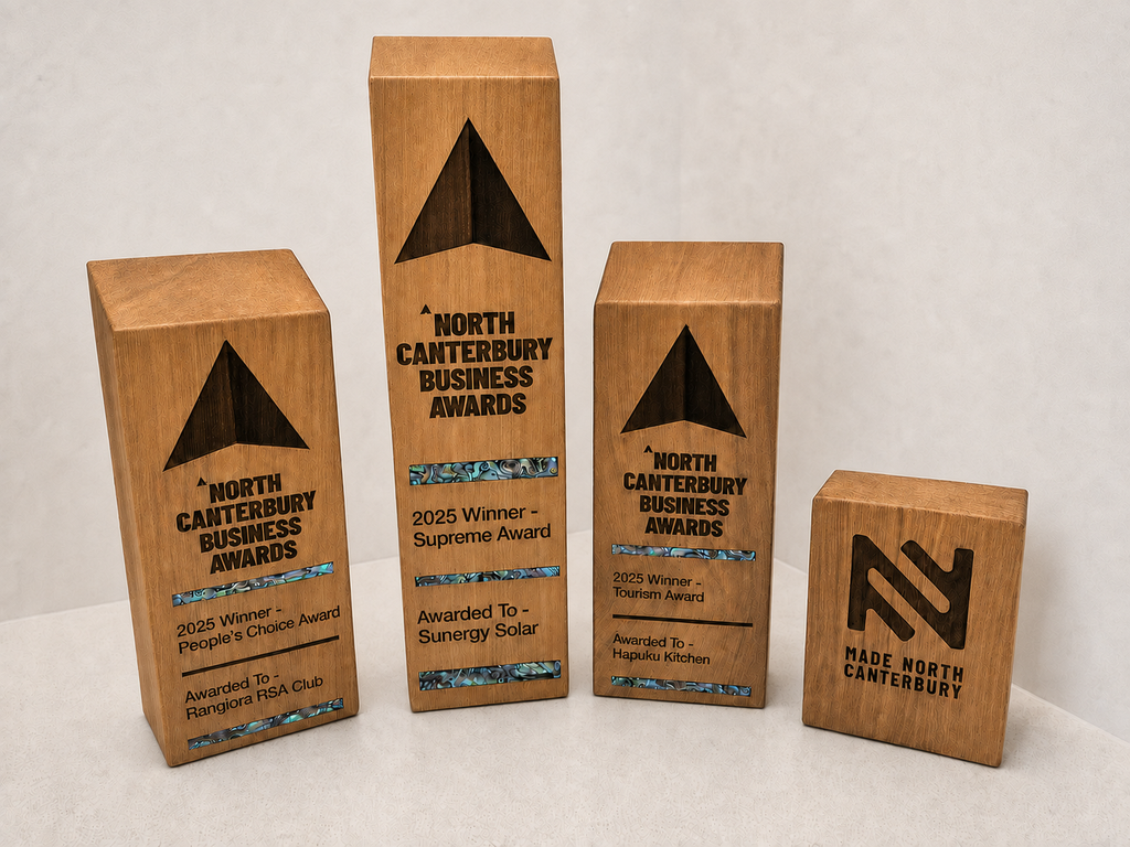 Recycled rimu and pāua awards created by KJCreationsNZ for the 2025 North Canterbury Business Awards