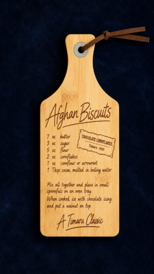 Afghan Biscuits bamboo recipe board engraved with a 1933 Timaru recipe