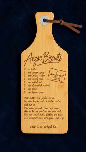 Anzac Biscuits recipe board engraved on bamboo serving paddle – KJCreationsNZ
