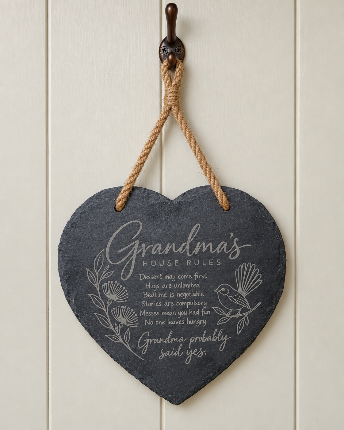 Engraved slate heart reading Grandma Probably Said Yes with fantail and foliage artwork