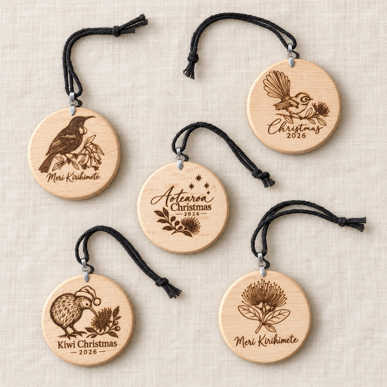 Laser engraved New Zealand Christmas ornaments on beech featuring kiwi, tūī, pīwakawaka, pōhutukawa, Aotearoa and Geraldine designs.