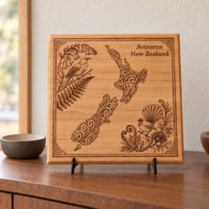 Earthquake-salvaged rimu plaque featuring an engraved Aotearoa New Zealand map, native birds and botanical details.