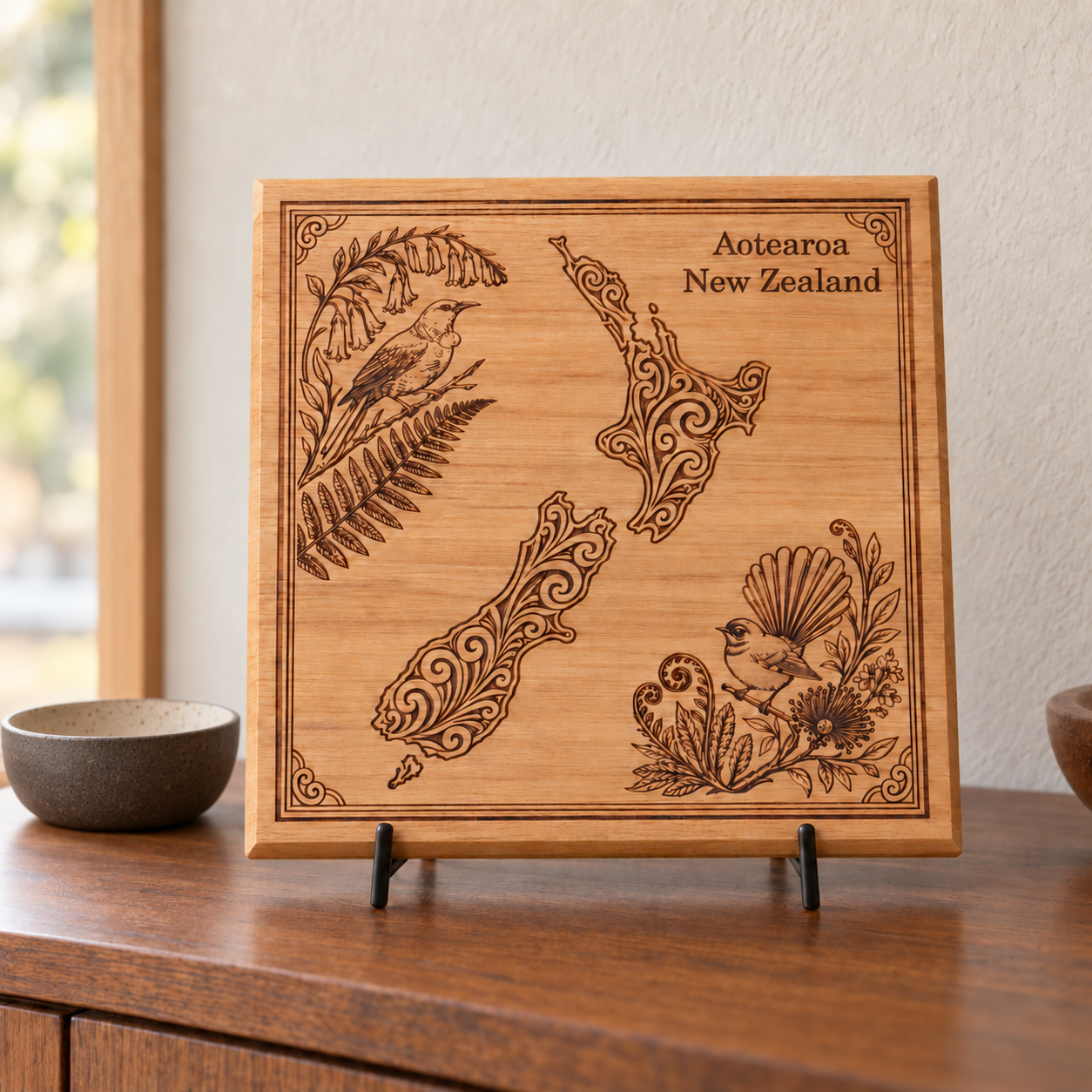 Earthquake-salvaged rimu plaque featuring an engraved Aotearoa New Zealand map, native birds and botanical details.