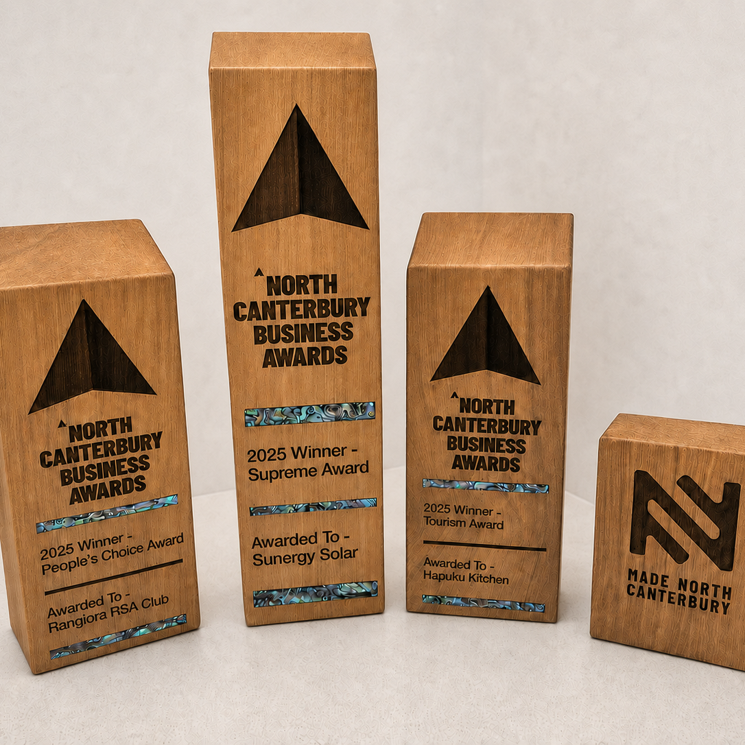 Recycled rimu and pāua awards created for the 2025 North Canterbury Business Awards.